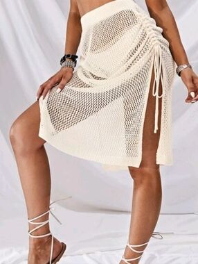 Cream Crochet Side-Tie Mesh Skirt
